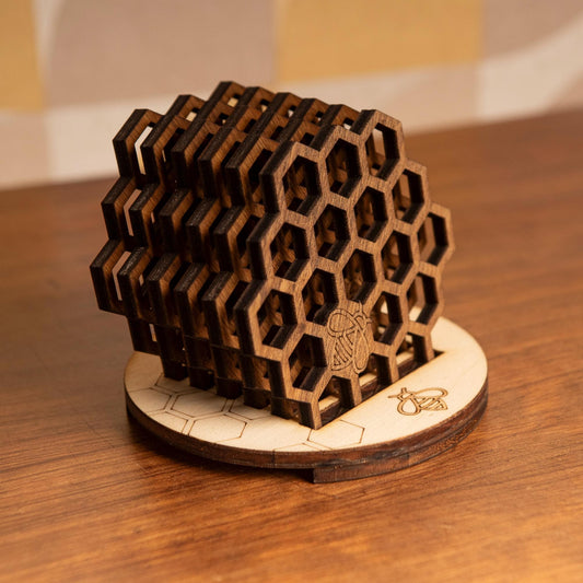 Set of 6 honeycomb bumblebee wood coasters retro vintage hexagonal housewarming gift box beekeeping whiskey