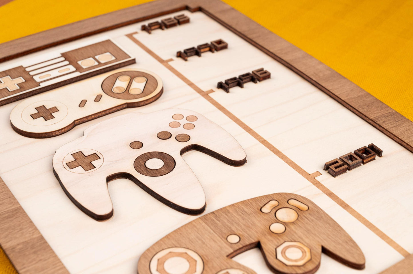 Timeline retro consoles – Wooden wall decoration gaming room geek vintage Nintendo retro gaming 80s 90s NES SNES N64 Game Cube