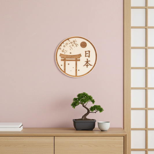 Plaque murale bois Torii japonais – Sakura et esprit zen