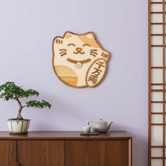 Décoration murale Maneki Neko en bois – Chat porte-bonheur japonais