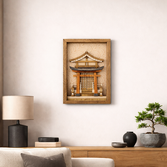 Tableau en bois sanctuaire shinto – Décoration murale inspirée du Japon traditionnel