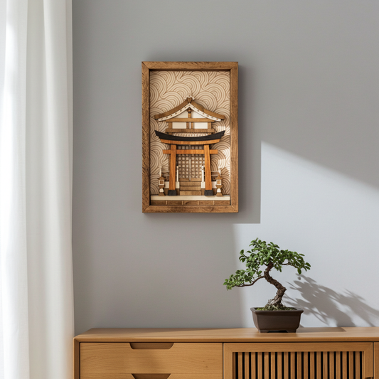 Tableau en bois sanctuaire shinto – Décoration murale inspirée du Japon traditionnel