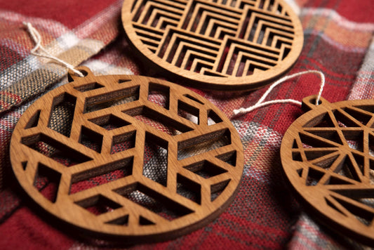 Set of 3 Wooden Christmas Baubles - Modern Geometric Decorations - Laser Cut Plywood Handcrafted Ornaments - Tree Hangings