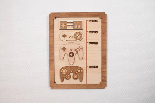 Timeline retro consoles – Wooden wall decoration gaming room geek vintage Nintendo retro gaming 80s 90s NES SNES N64 Game Cube