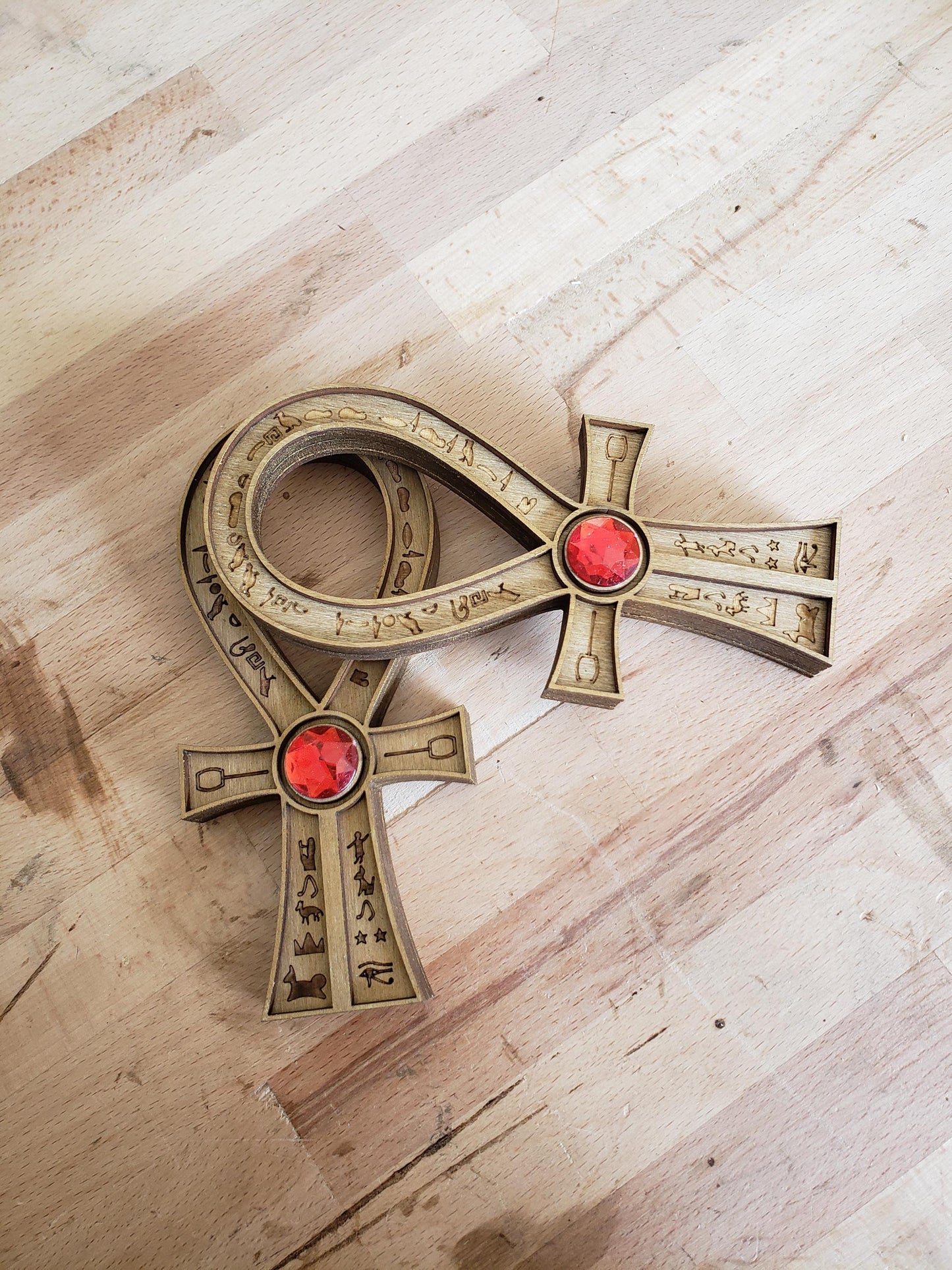 Tomb Raider Inspired Horus Amulet - Egyptian Ankh in Wood - Mystical Sculpture with Hieroglyphs and Red Stone - Fantasy Decor
