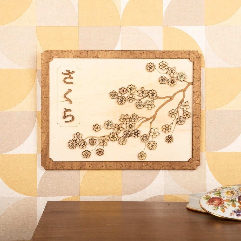 Sakura wood wall decoration – Traditional Japanese cherry blossom painting – Asian Japanese garden Zen wall art