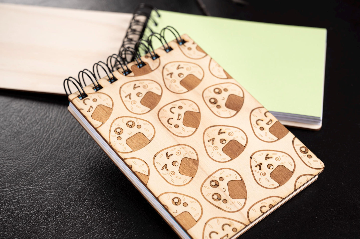 Kawaii Onigiri Engraved Wooden A6 Notebook – Diary, Recipes, Notes, Handmade Stationery Made in France
