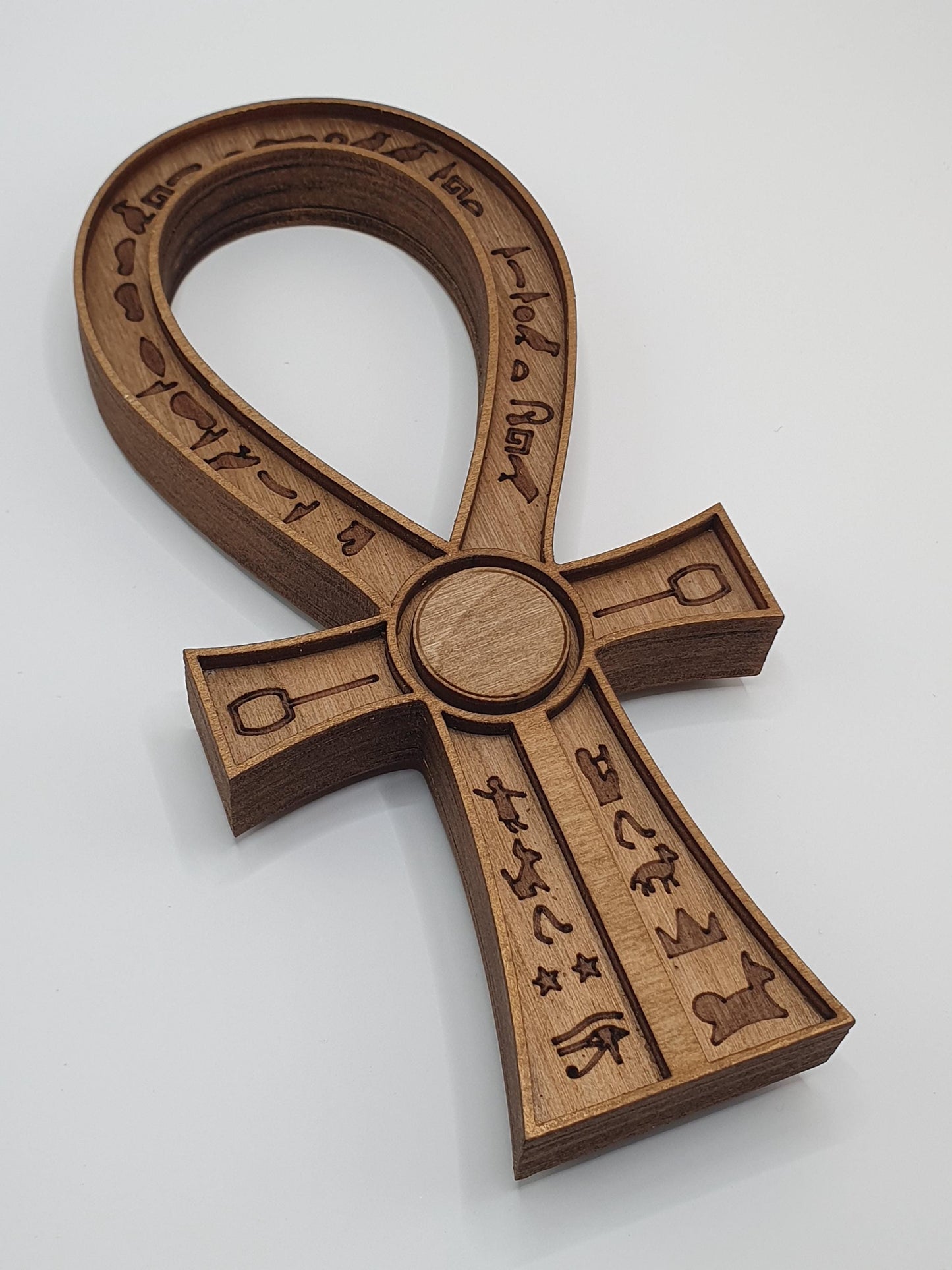 Tomb Raider Inspired Horus Amulet - Egyptian Ankh in Wood - Mystical Sculpture with Hieroglyphs and Red Stone - Fantasy Decor