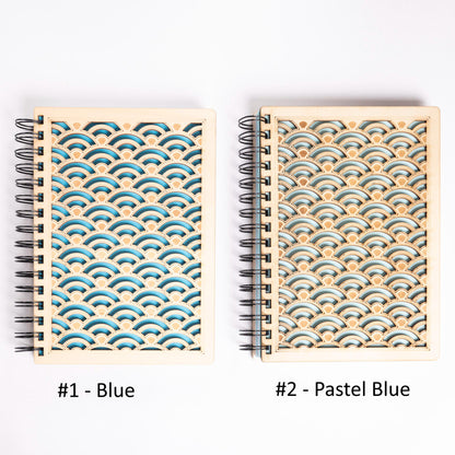 A5 light wood notebook – Refillable bullet journal – Traditional Japanese wave pattern – Made in France