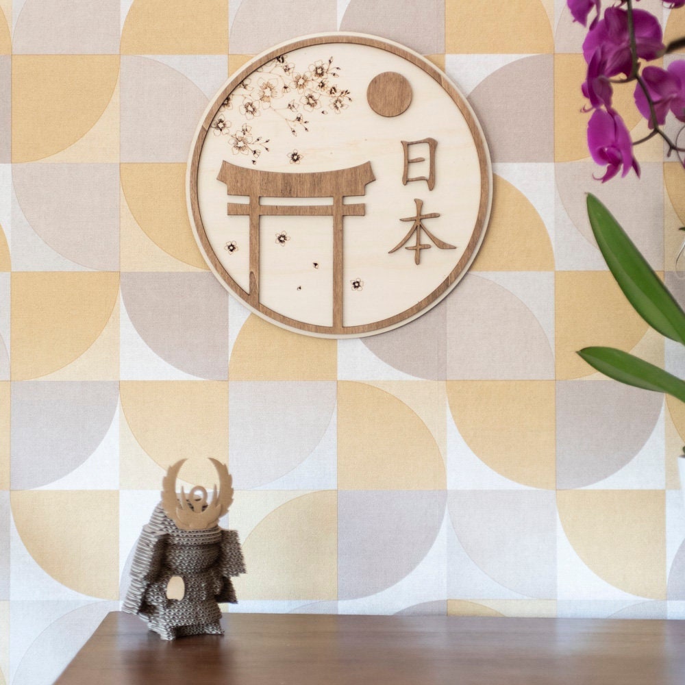 Japanese Wood Wall Light – Torii, Sakura and "Nihon" – Zen and Traditional Decoration – Japanese Shinto Temple Sakura Flowers