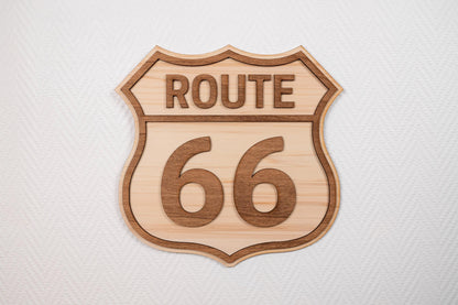Route 66 wood wall decoration – Vintage USA car road trip sign – Retro American wall art – Made in France