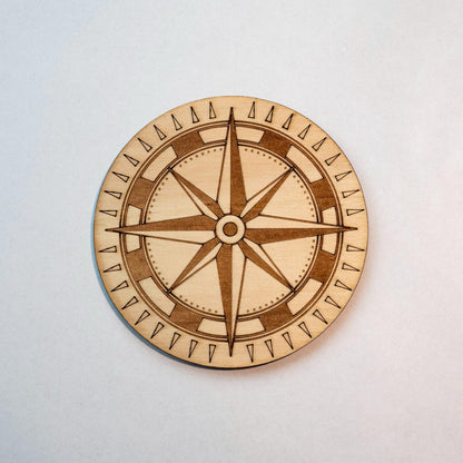 Set of 6 wooden "Rose des Vents" coasters with storage holder - Retro vintage steampunk style - Travel, navigation and boating