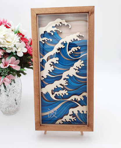 Tableau décoratif vague japonaise en bois découpé – cadre en bois – design inspiration Hokusai – déco murale zen et artisanale