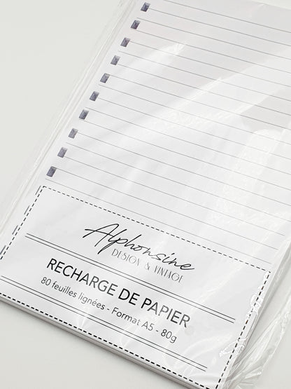 Recharge papier ligné A5 – 80 feuilles (160 pages) – Papier 80g