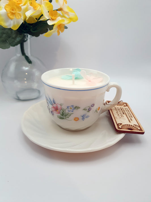 Bougie parfumée Fleur de coton dans tasse vintage Arcopal fleurie – Cire végétale – Décoration et cadeau unique