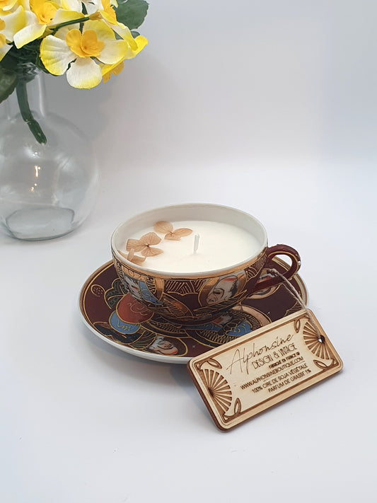 Bougie parfumée Éclat de noisette – Tasse vintage japonaise en porcelaine décorée – Bougie artisanale gourmande 50g