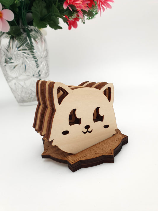 Lot de 6 Sous tasses verre avec socle chat mignon réversible bois kawaii manga anime japonais cute adorable original manga japon chaton fan de chats