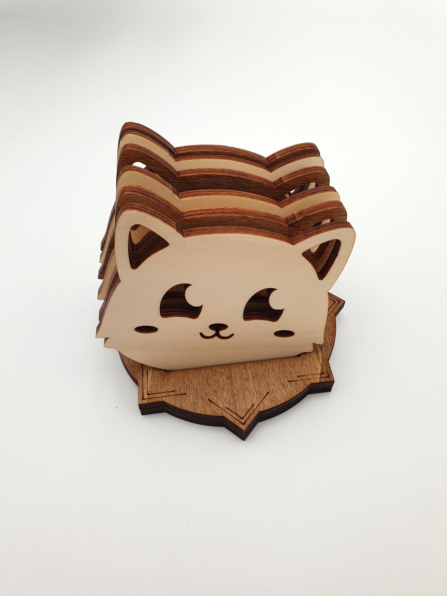 Set of cute reversible cat glass coasters wood kawaii manga anime japanese cute adorable original manga japan kitten cat fan