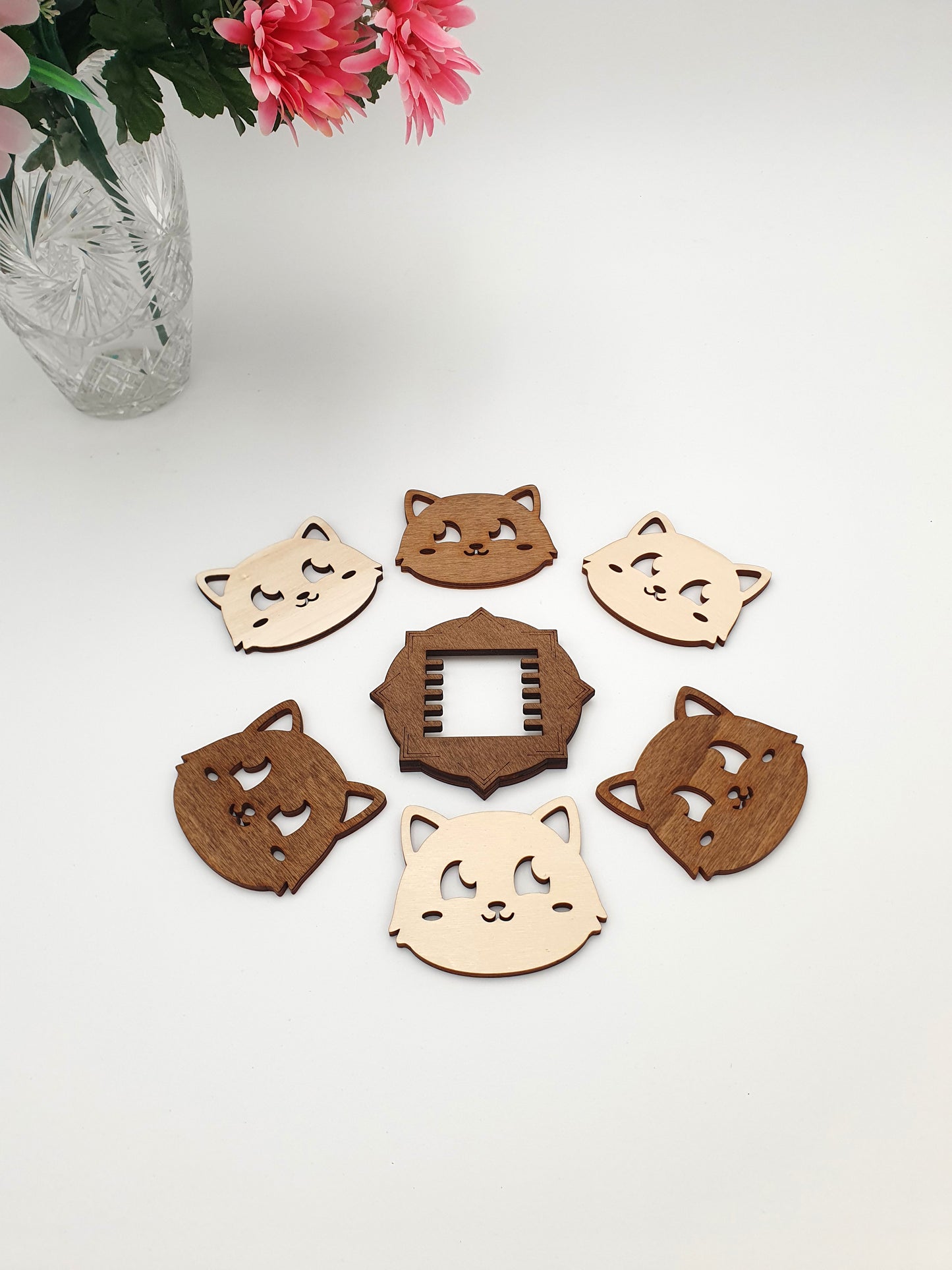 Set of cute reversible cat glass coasters wood kawaii manga anime japanese cute adorable original manga japan kitten cat fan