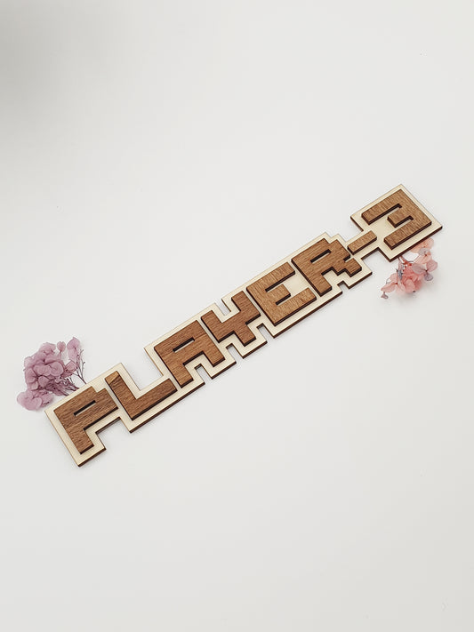Décoration murale Player 3 en bois – Rétrogaming Geek Pixel Art Cadeau Gamer Naissance Bébé Vintage Saint Valentin Nerd