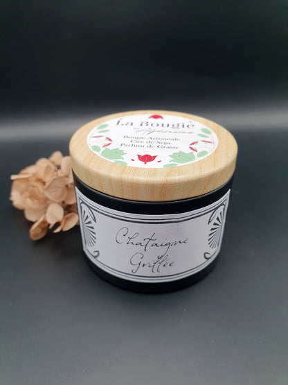 Bougie parfumée Chataigne Grillée – Black Edition | Cire de soja naturelle | Fabriquée en France