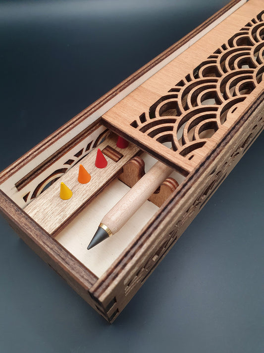 Coffret crayon rechargeable en bois – Motif japonais Vagues - Chêne Foncé / Acajou