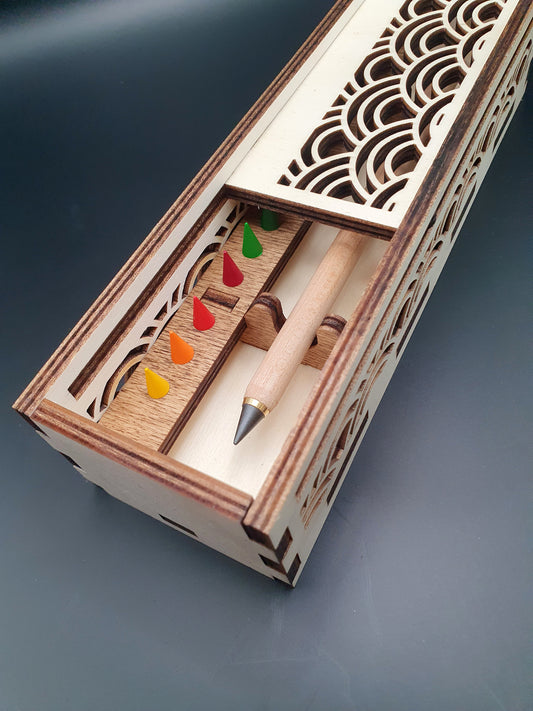 Coffret crayon rechargeable en bois – Motif japonais Vagues - Chêne Clair