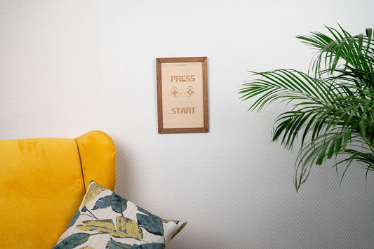 "Press Start" Wooden Wall Art - Retro 8bit Pixel Gaming Decor - Vintage Geek Gift - Playstation Nostalgia 90s Retro Childhood