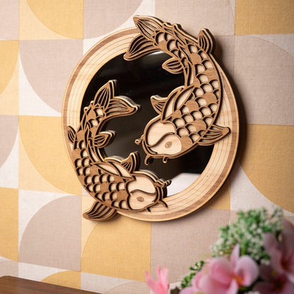 Koi Carp Mirror Wooden Wall Decoration – Traditional Japanese Zen Art – Nishikigoi Fish Handmade Asian Gift – Made in France