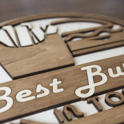 Plaque murale bois Best Burger In Town – Décoration diner rétro vintage USA – Applique murale fast food restaurant américain Made in France