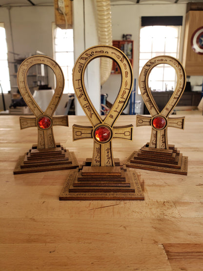 Tomb Raider Inspired Horus Amulet - Egyptian Ankh in Wood - Mystical Sculpture with Hieroglyphs and Red Stone - Fantasy Decor