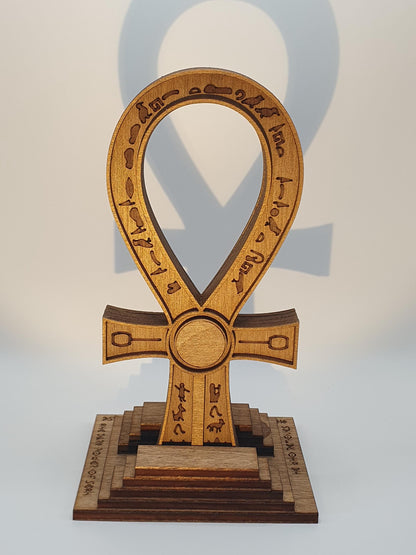 Tomb Raider Inspired Horus Amulet - Egyptian Ankh in Wood - Mystical Sculpture with Hieroglyphs and Red Stone - Fantasy Decor