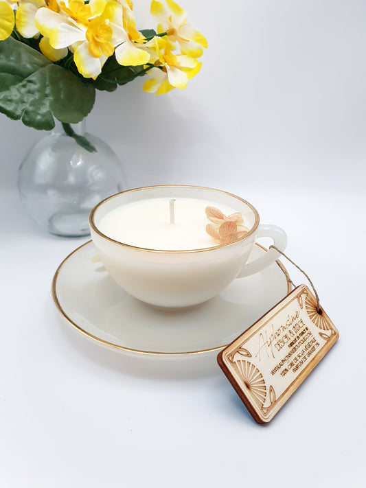 Bougie parfumée Monoï 100g – Tasse Arcopal vintage avec soucoupe – Bougie artisanale en cire de soja végétale - 5