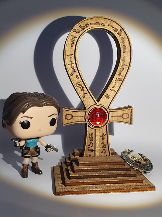 Tomb Raider Inspired Horus Amulet - Egyptian Ankh in Wood - Mystical Sculpture with Hieroglyphs and Red Stone - Fantasy Decor