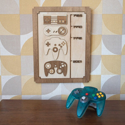 Timeline consoles rétro – Décoration murale bois gaming room geek vintage Nintendo rétro gaming 80s 90s NES SNES N64 Game Cube
