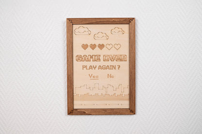 Game Over wooden wall decoration – Retro gaming pixel art painting – Vintage 80s 90s geek gift – Made in France