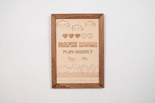 Game Over wooden wall decoration – Retro gaming pixel art painting – Vintage 80s 90s geek gift – Made in France