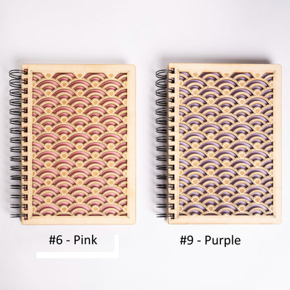 A5 light wood notebook – Refillable bullet journal – Traditional Japanese wave pattern – Made in France