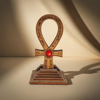 Tomb Raider Inspired Horus Amulet - Egyptian Ankh in Wood - Mystical Sculpture with Hieroglyphs and Red Stone - Fantasy Decor