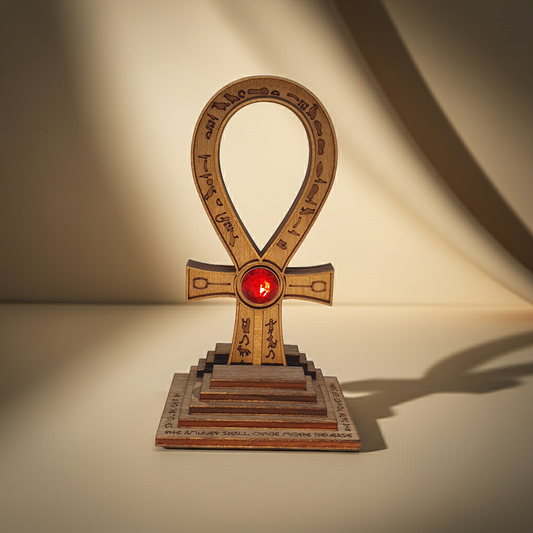 Tomb Raider Inspired Horus Amulet - Egyptian Ankh in Wood - Mystical Sculpture with Hieroglyphs and Red Stone - Fantasy Decor