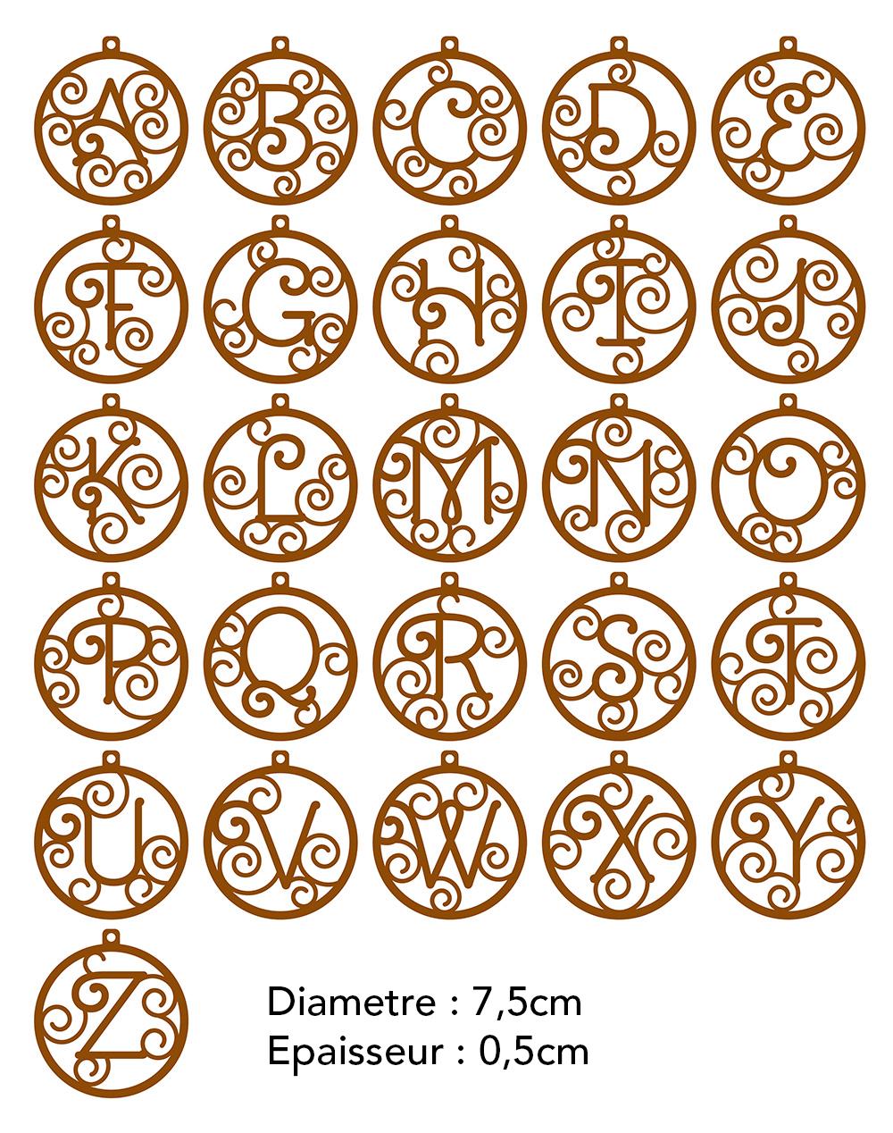 Lettres alphabet boule noël bois initiale