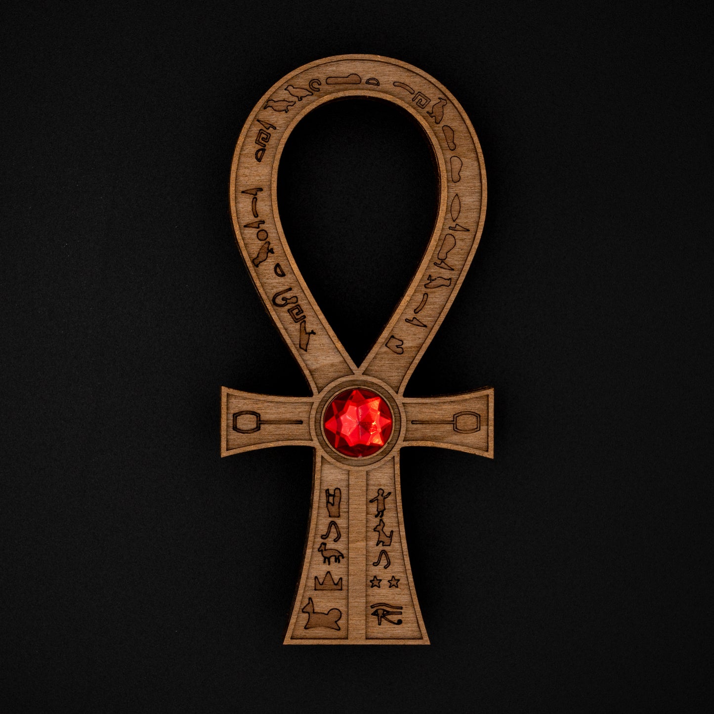Tomb Raider Inspired Horus Amulet - Egyptian Ankh in Wood - Mystical Sculpture with Hieroglyphs and Red Stone - Fantasy Decor