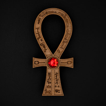 Tomb Raider Inspired Horus Amulet - Egyptian Ankh in Wood - Mystical Sculpture with Hieroglyphs and Red Stone - Fantasy Decor