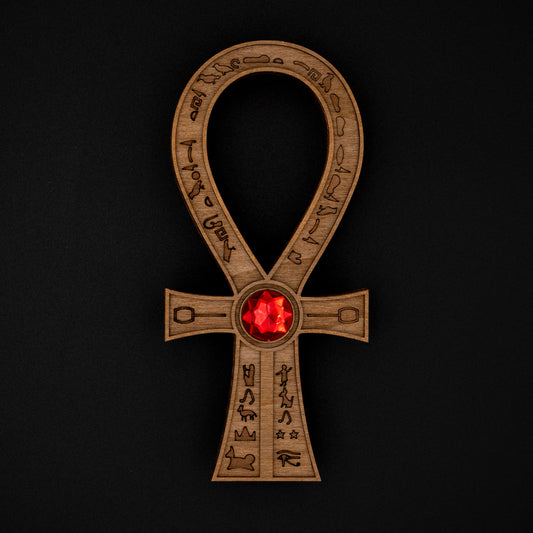 Tomb Raider Inspired Horus Amulet - Egyptian Ankh in Wood - Mystical Sculpture with Hieroglyphs and Red Stone - Fantasy Decor