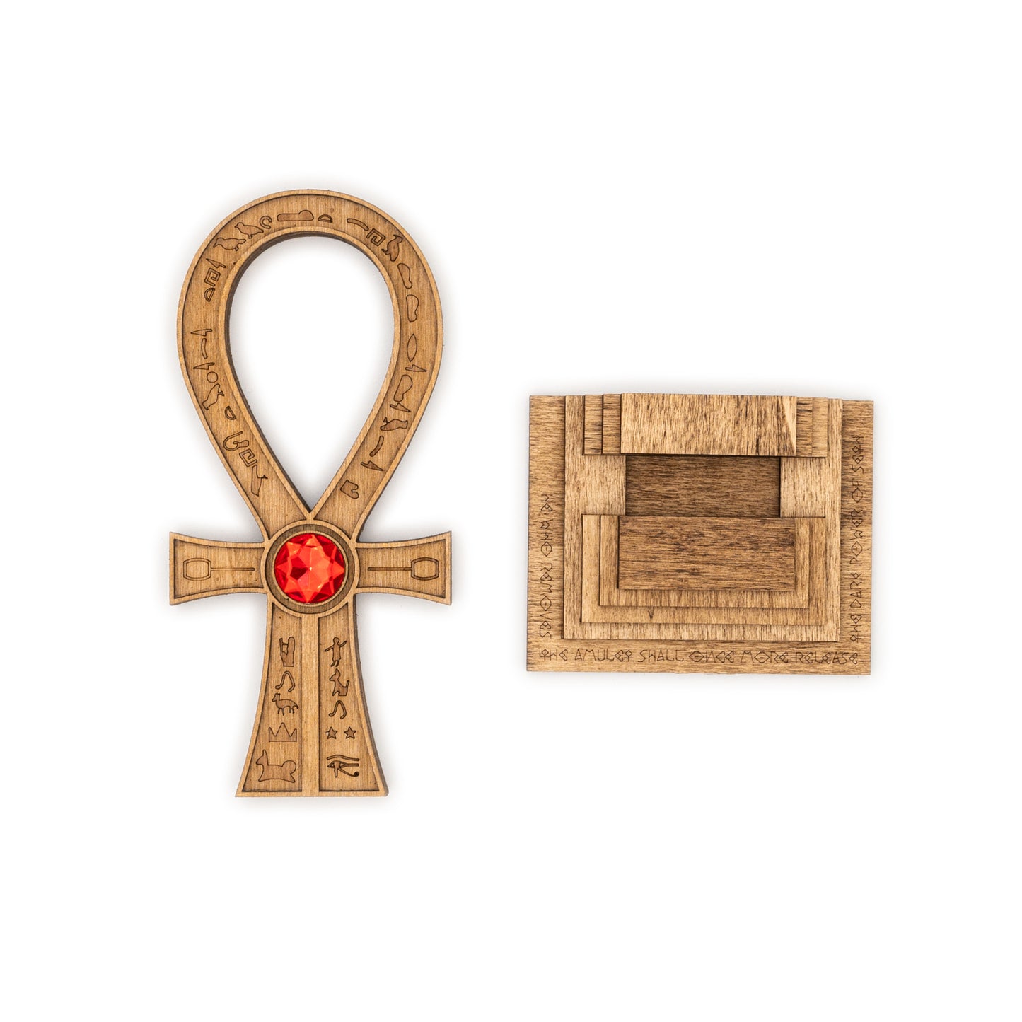 Tomb Raider Inspired Horus Amulet - Egyptian Ankh in Wood - Mystical Sculpture with Hieroglyphs and Red Stone - Fantasy Decor