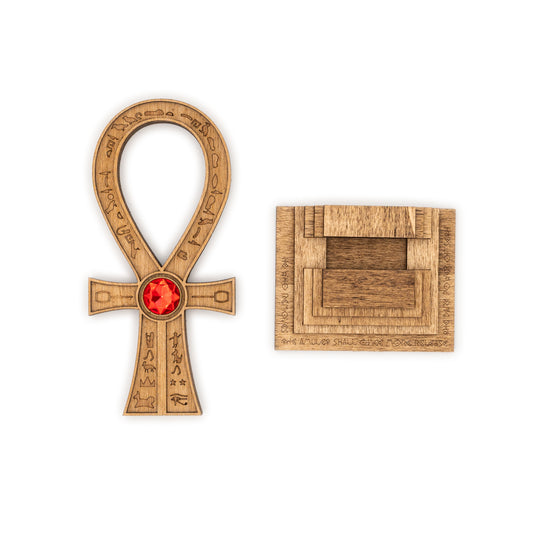 Ankh égyptien en bois – Amulette mystique décorative hiéroglyphes inspiration Tomb Raider