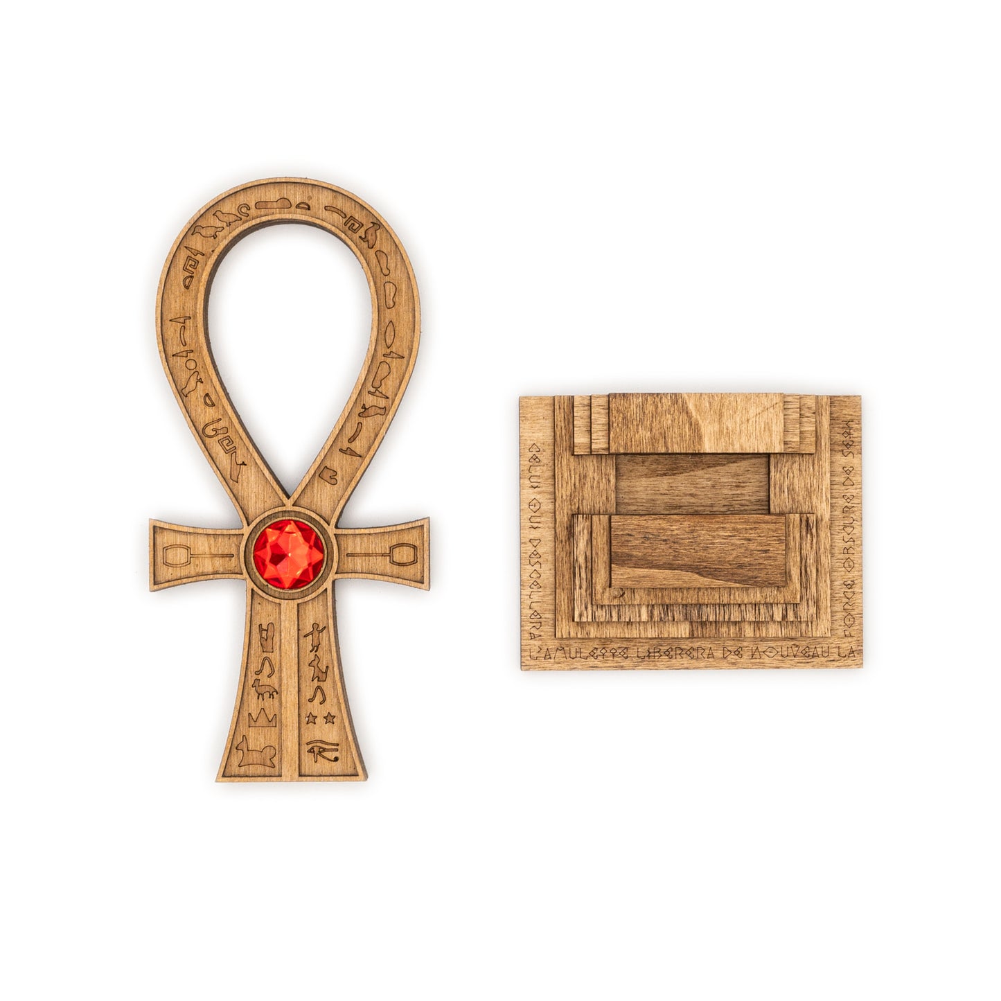 Tomb Raider Inspired Horus Amulet - Egyptian Ankh in Wood - Mystical Sculpture with Hieroglyphs and Red Stone - Fantasy Decor