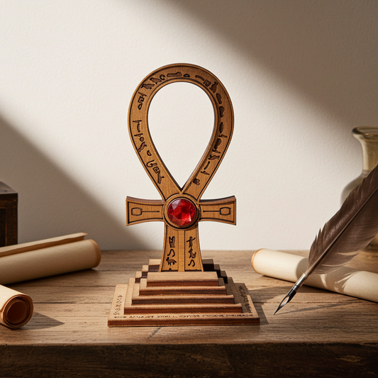 Ankh égyptien en bois – Amulette mystique décorative hiéroglyphes inspiration Tomb Raider
