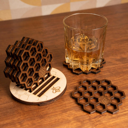 Set of 6 honeycomb bumblebee wood coasters retro vintage hexagonal housewarming gift box beekeeping whiskey