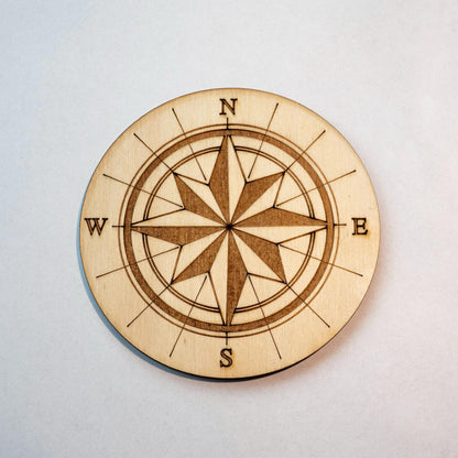 Set of 6 wooden "Rose des Vents" coasters with storage holder - Retro vintage steampunk style - Travel, navigation and boating